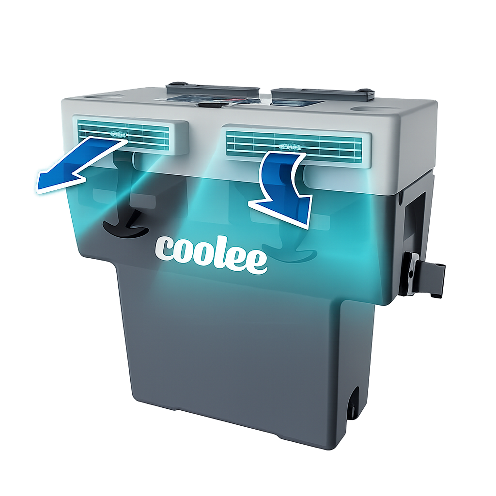 Coolee Tour LX portable golf cart air conditioner with built-in cooler and Bluetooth audio