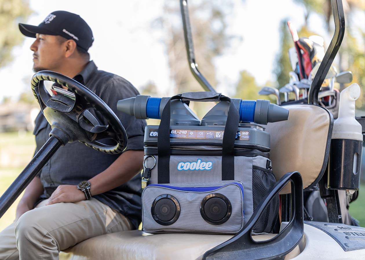 Cool Boss Coolee portable air cooler on a golf cart