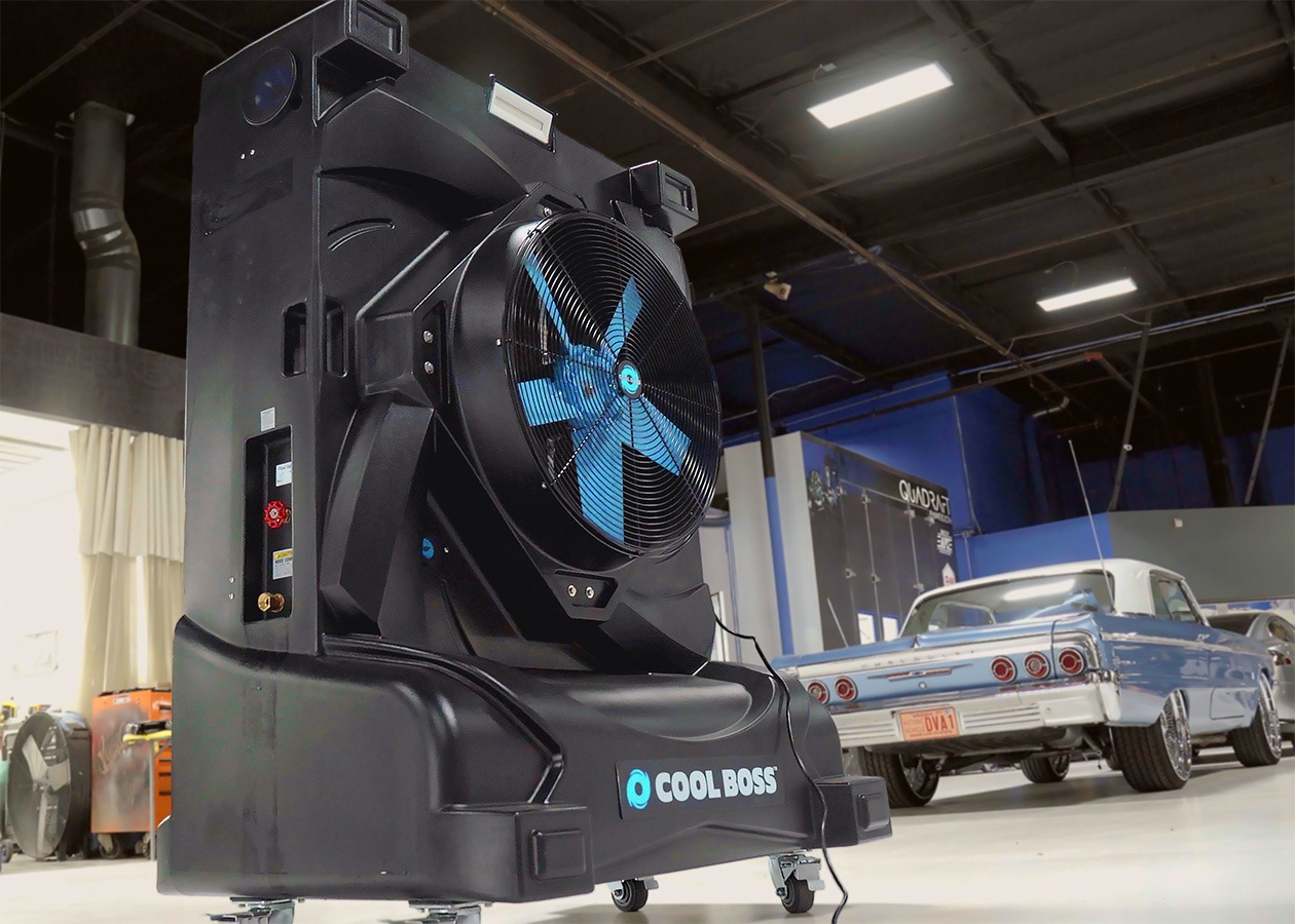 Cool Boss portable swamp cooler in a large workspace